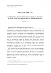 Mathematical Reconstructions Out, Textual Studies In : 30 Years in the Historiography of Greek Mathematics